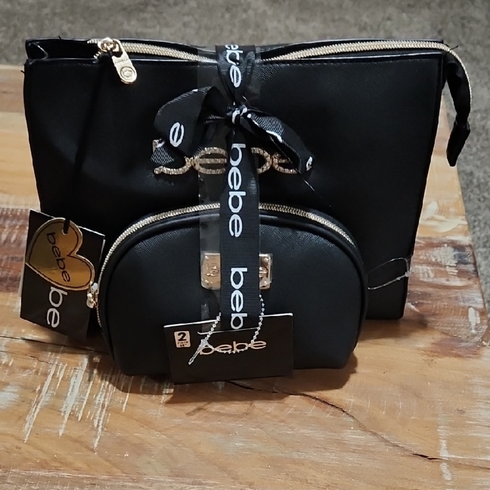 Bebe Black Cosmetic Bag Set with Gold Accents